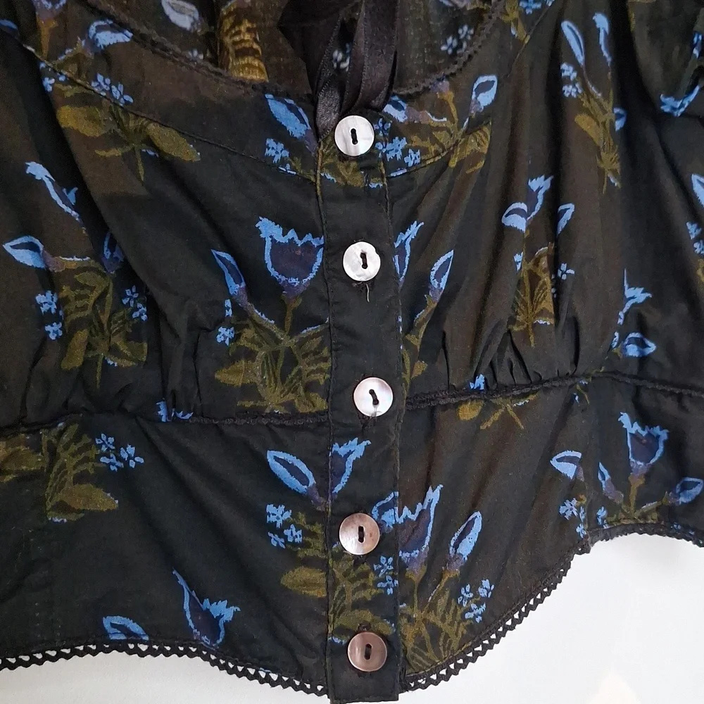 Free People Black and Blue Floral Women's Puff Sleeve Crop Top Size XL
